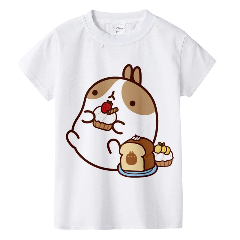 Мультфильм Molang Детская Хлопковая футболка для девочек милый зайчик с круглым вырезом Детские футболки Для детей, на лето короткий рукав