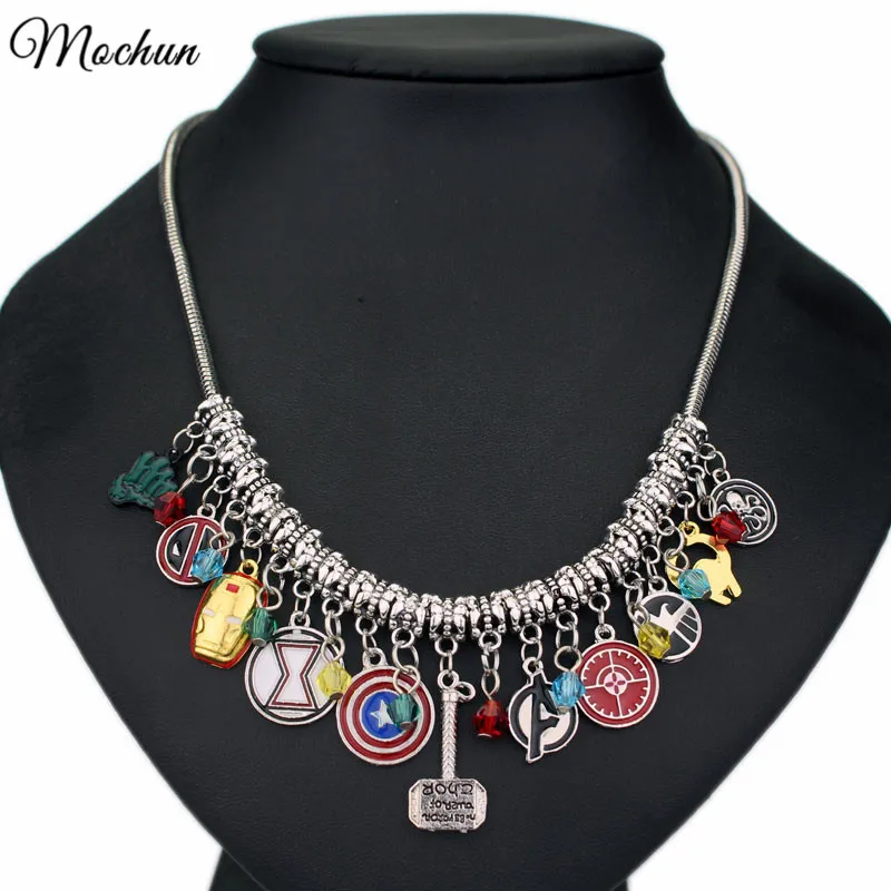 

MQCHUN New Fashion Marvel Avengers Captain America Iron Man Mask Thor's Hammer Eagle Deadpool Hulk Crystal Beads choker necklace