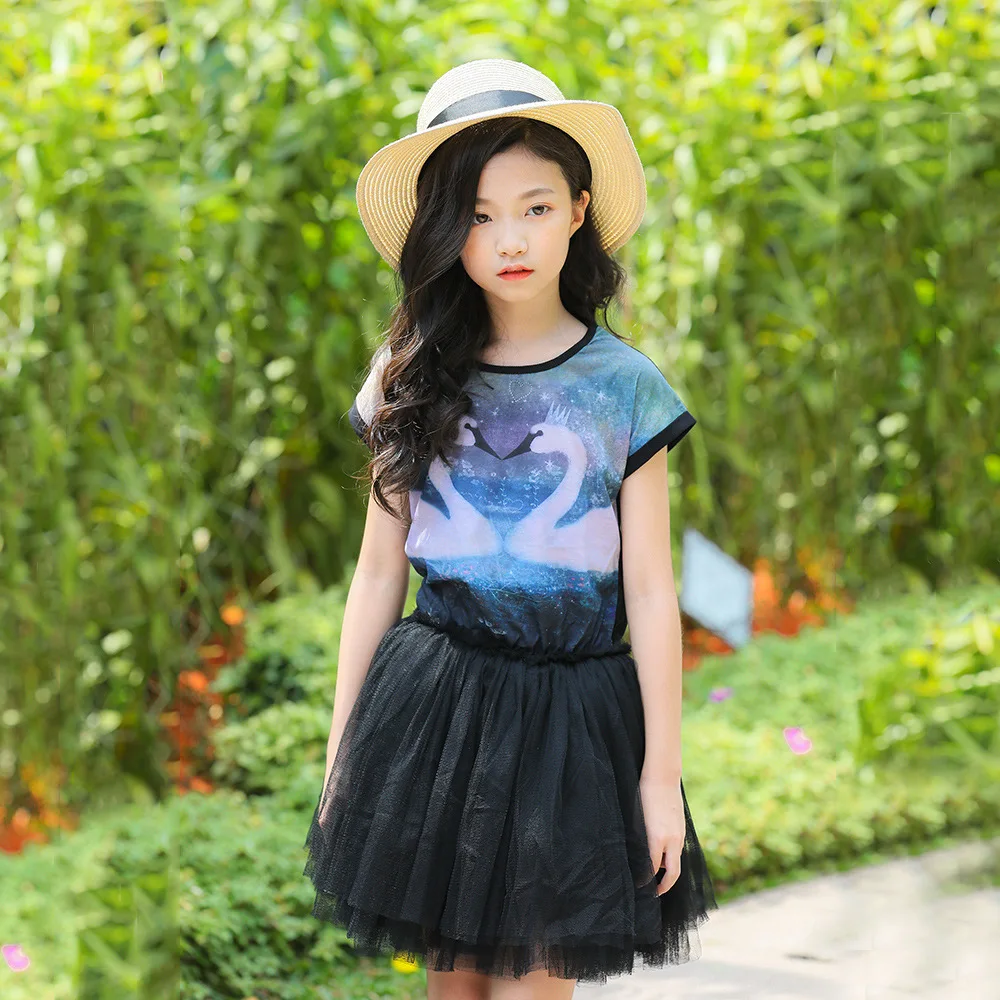 

Teenage Kids Dresses for Girls Princess Dress 2019 Summer Black Mesh Print Dresses Girls Clothing Children Costume 8 10 Years