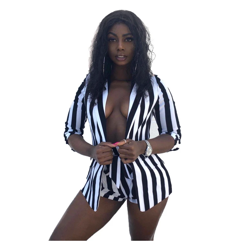 

Black And White Vertical Striped Print Two Piece Set Blazer And Shorts Sets Work Wear Office Lady Outfits 2019 Summer Overalls