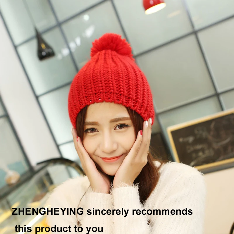 

2019 New Pom Poms Women's Winter Hat Fashion Solid Plus Fleece Warm Hat Knitted Hat Hooded Cap Thick Hoodie Wholesale