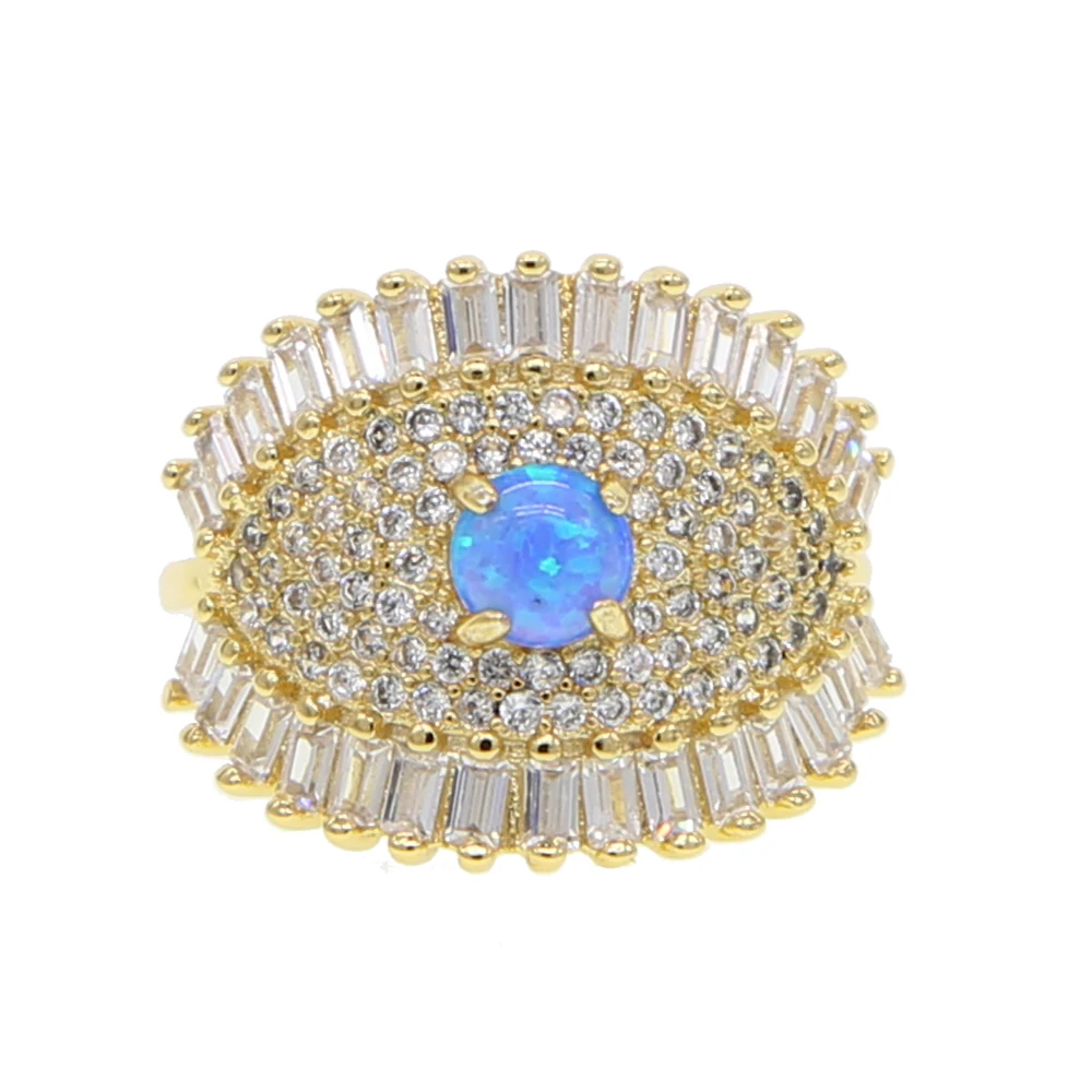 

gold filled top quality round blue fire opal Gem fashion jewelry sparking bling cz modern turkish evil eye Gold color ring