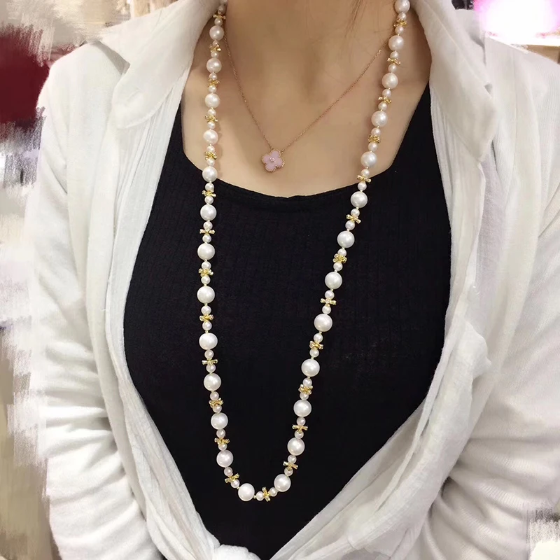 Sinya 14k gold filled Sweater chain Round Natural pearls strands long necklace for Women Girl Mum lover length 85cm dia  10-11mm (5)