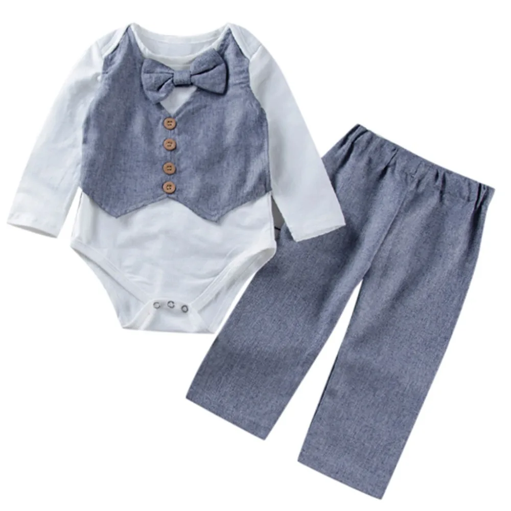 CHAMSGEND для новорожденных мальчиков с длинными рукавами джентльмен ползунки + брюки комплект одежды 18DEC5