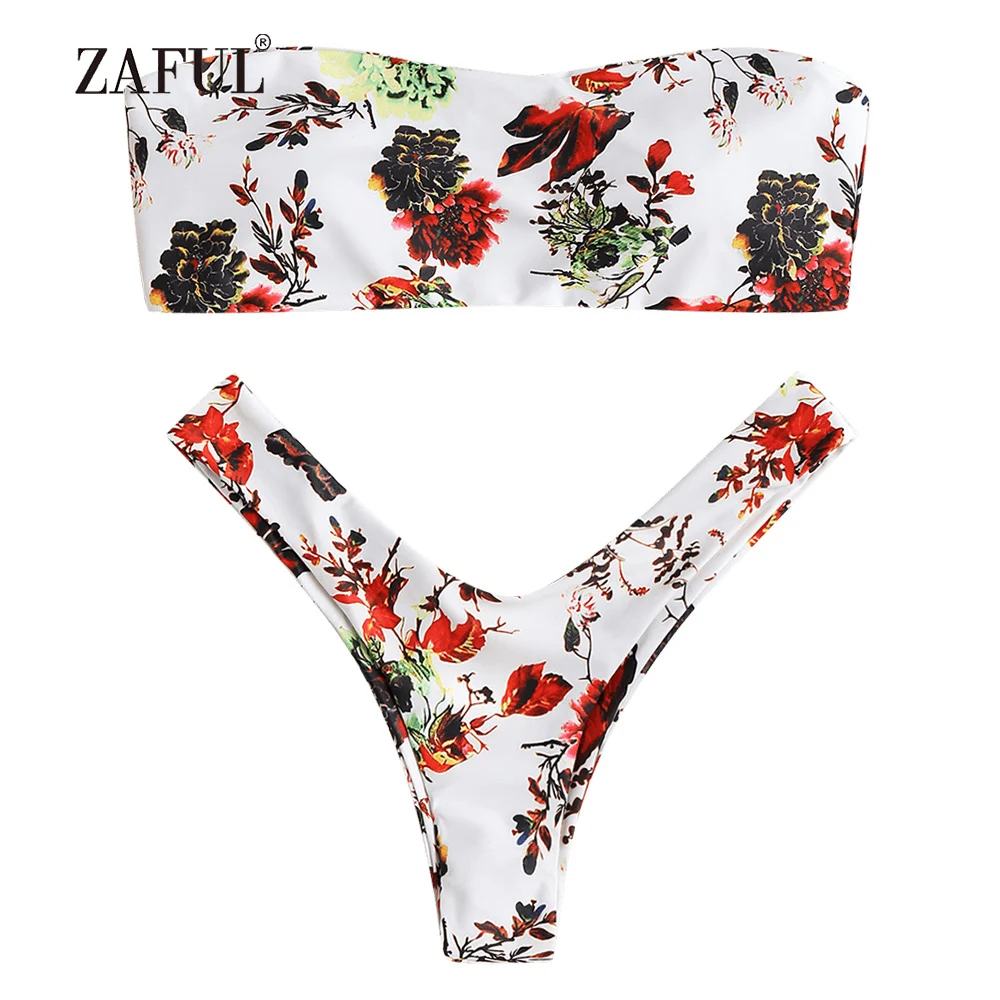 Женский купальник бикини ZAFUL бандо с цветочным принтом высокой талией без