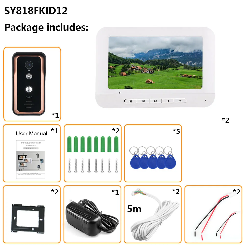 Цветной видеодомофон с монитором 7 дюймов Система домофона RFID кардридером HD