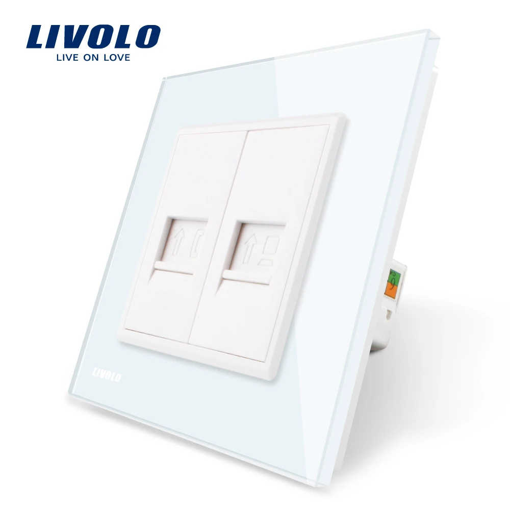 Goedkoop Livolo Fabricage White Crystal Glass Panel, 2 Gangs Muur Tel en Com Socket Outlet VL C791TC 11 Zonder Plug adapter