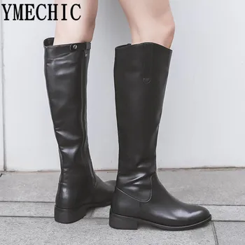 

YMECHIC 2018 Winter Shoes Women Chunky Med Heels Black Genuine Leather Ladies Bota Knee High Knight Riding Boots Female Footwear
