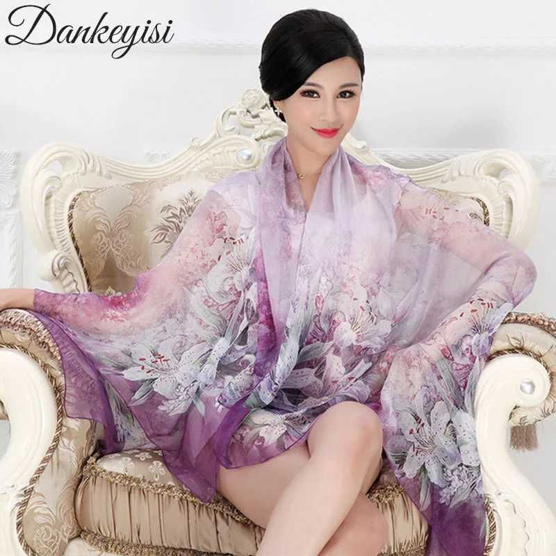 

DANKEYISI Brand bandana 2018 Pure Silk Beach Blankets Scarves Women Silk Scarf Female Shawl Flower Print Hijab Foulard Wrap