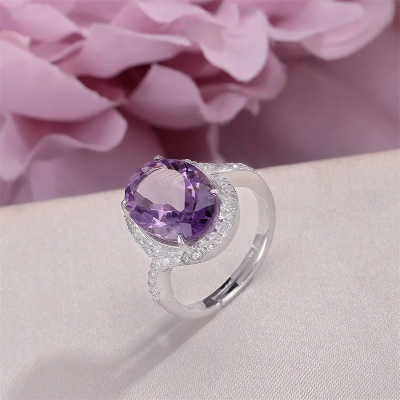 Кольца для Для женщин Fine Jewelry S925 стерлингового серебра 14*10 мм Аметист 100% натуральный Овальный Фиолетовый Камень Регулируемый кольцо r-AM004