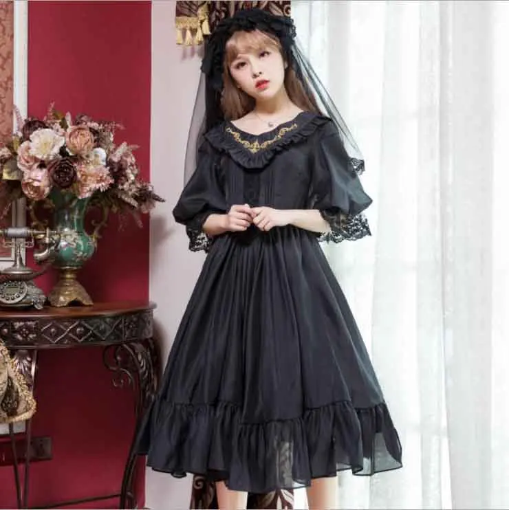 Женское готическое викторианское платье лолиты с рукавом три четверти JSK винтажное кружевное платье принцессы из органзы белого и черного цвета размера плюс XL