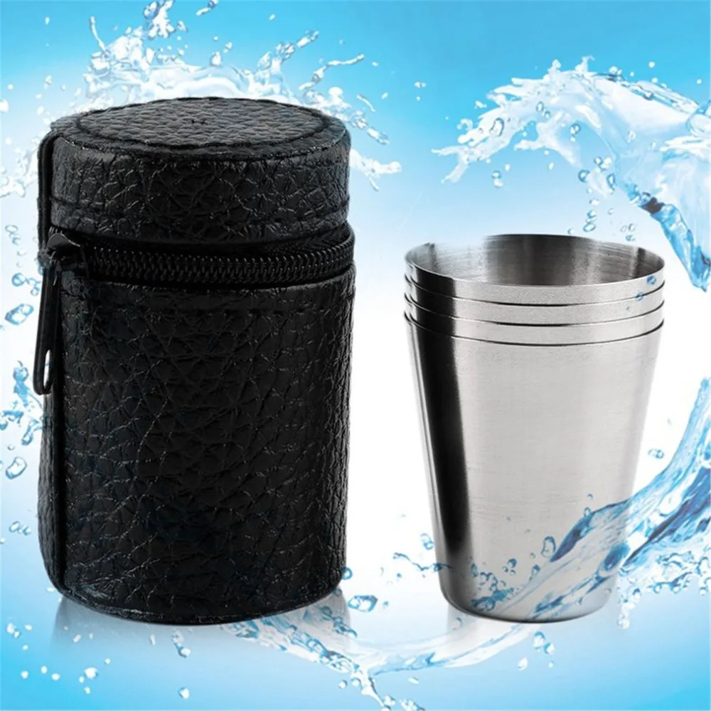 

4 PCS/1Set Stainless Steel Cup For Travel Mug Camping Outdoor Cup Portable Hiking Tea Coffee Beer Cup With Black Cover Bag