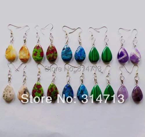 

(Min.order 10$ mix) Beautiful Wholesale 10Pair/lots of Mixed Color Natural Stone Teardrop Earrings T6
