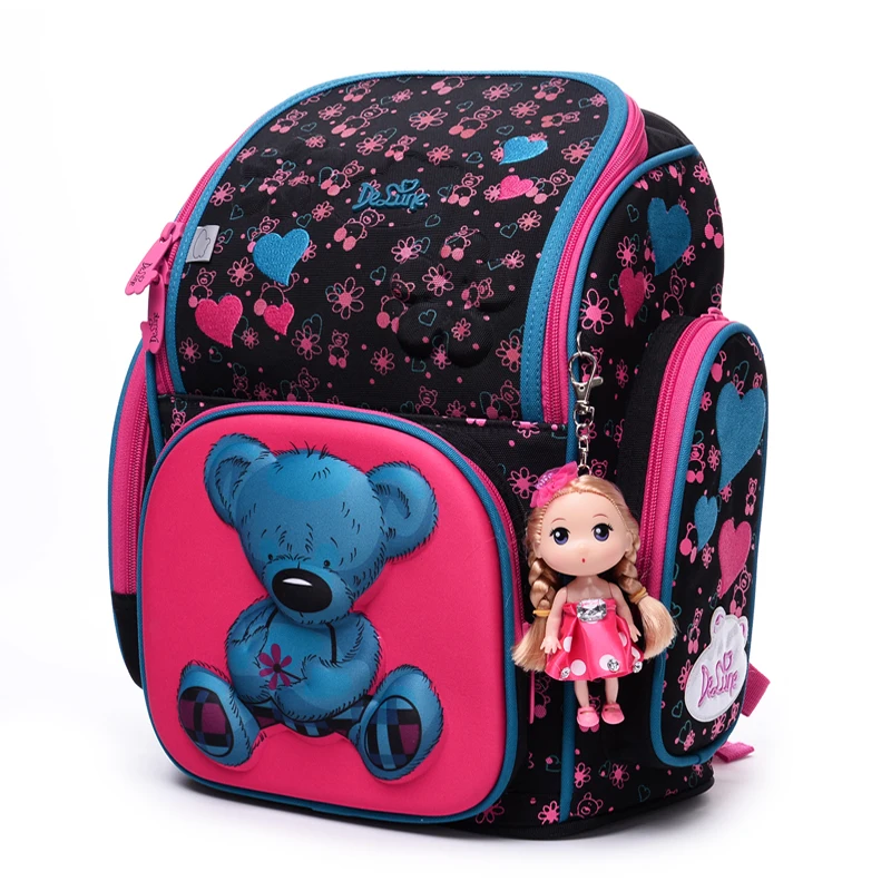High quality 3D children 6-12 year Stationery bag kids Large capacity girl school bag free doll students child travel backpack
