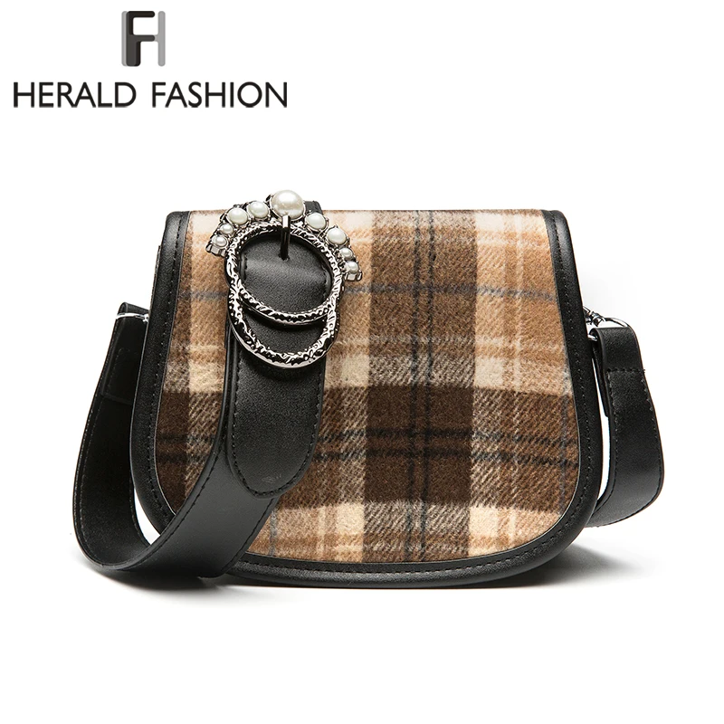 Herald Fashion Wide Strap Plaid Mini Flap Bag High Quality Wool Women&#39;s Handbag Female Shoulder ...