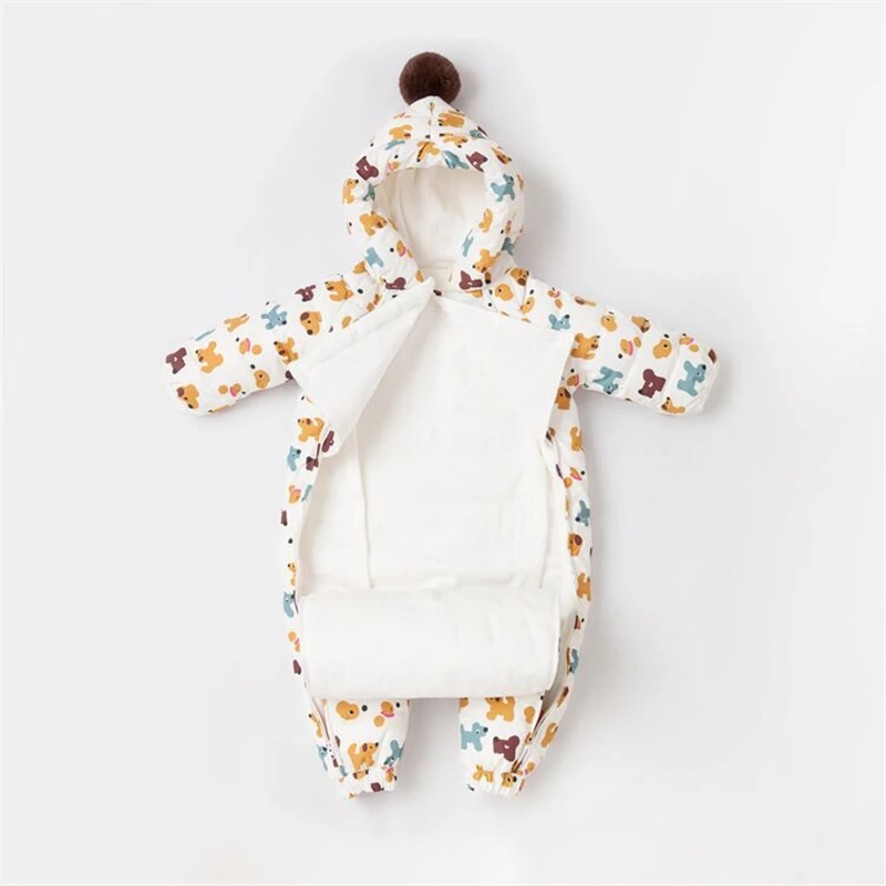 Белый Зимний комбинезон на утином пуху, детский зимний комбинезон, одежда для малышей, Одежда для новорожденных, теплые комбинезоны, ползунки с дизайном «животные», с перчатками