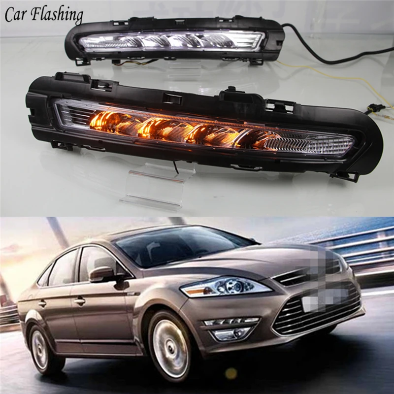 Мигающий светодиодный для Ford Mondeo 2011 2012 для дневных ходовых огней светильник DRL Противотуманные лампы 12V реле Дневной светильник с отложным воротником желтый сигнал