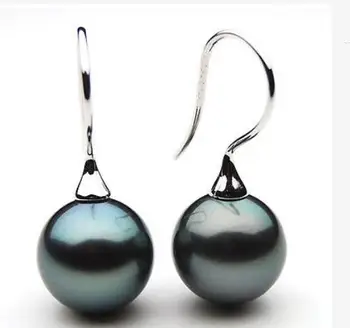 

pair of 10-11mm tahitian round black green pearl earring 925s