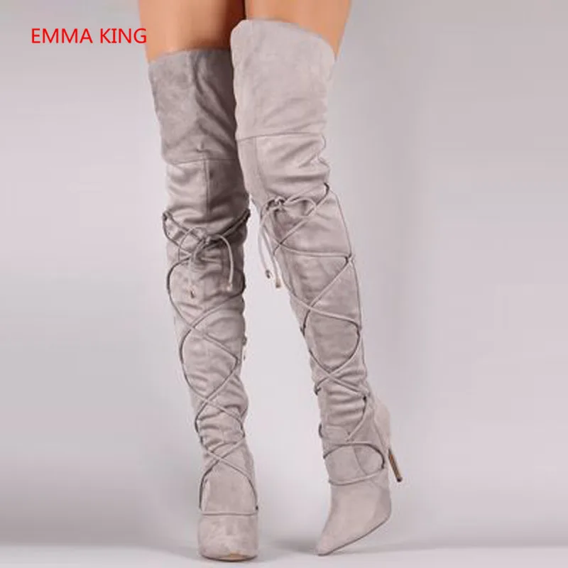 

Cross-Tied Winter Long Boots Flock Soild Sexy Ladies High Heels Shoes 2018 Fashion Roman Women Over The Knee Boots Botas Mujer