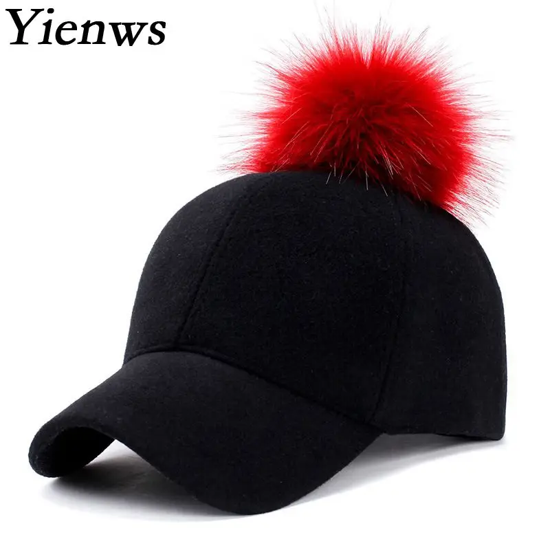 Womens red baseball cap with pom on top