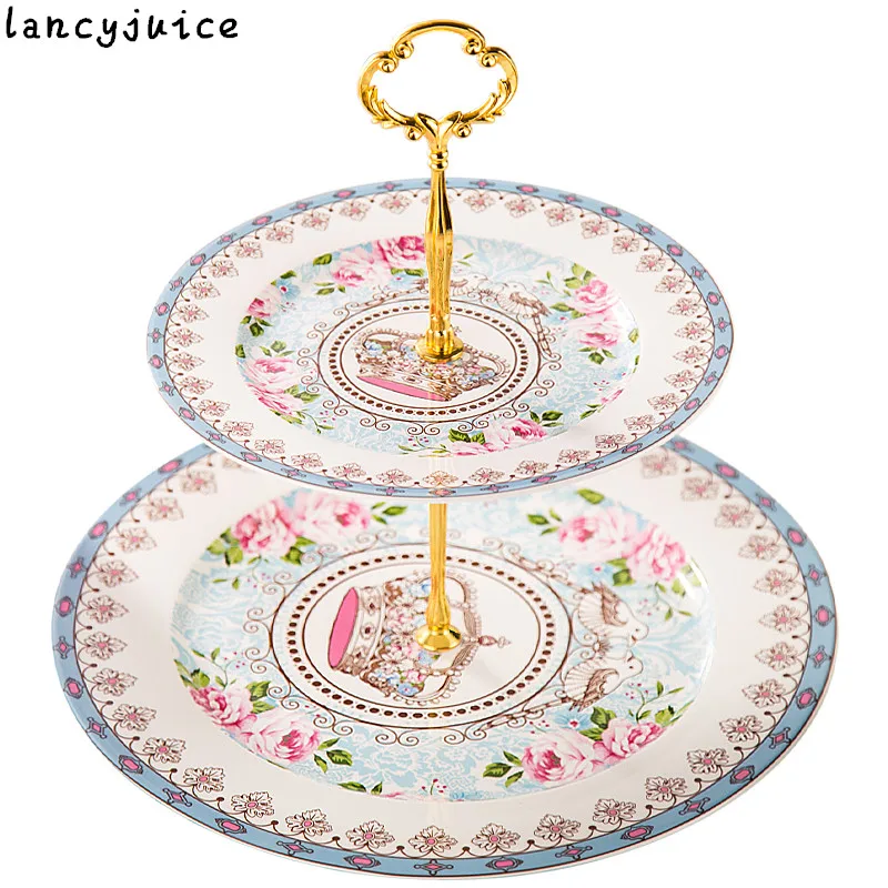 

European Pastry Plates Stand Ceramic Double-Layer Tray Bone China Fruit Tray Candy Dishes Cake Desserts Container