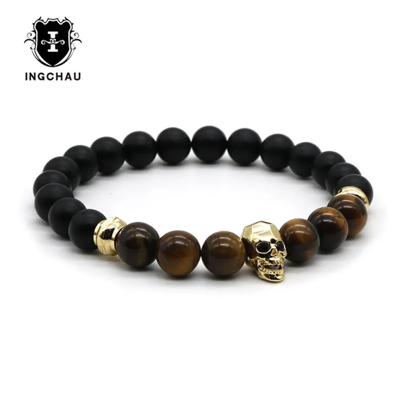 Fashion Jewelry Quality Silver Plated Men Bracelet Skull Natural Tiger Eye Stone Bracelets Pulseiras SK-1 | Украшения и