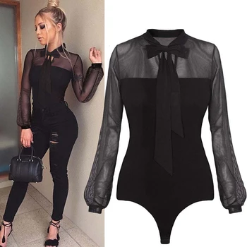 

1pc New Autumn Spring Bodysuit Women Sexy Bow Black Mock Neck Patchwork Long Sleeve Back Ladies Lace Mesh Transparent Bodysuit
