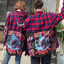 Модные мужские уличные рубашки с принтом акулы, женские рубашки в клетку, хлопковые рубашки для пар в стиле хип-хоп, уличная куртка с длинным рукавом, Топ