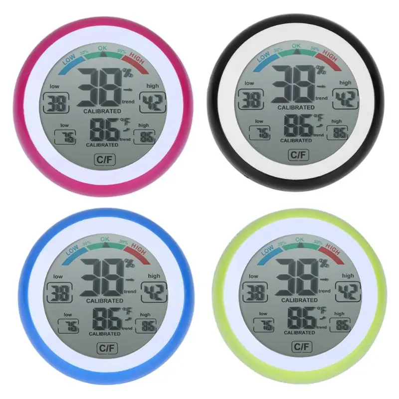 

Round LCD Touchscreen Indoor Temperature Hygrometer Weather Station Digital Backlight Touch Screen Time Clock Thermometer