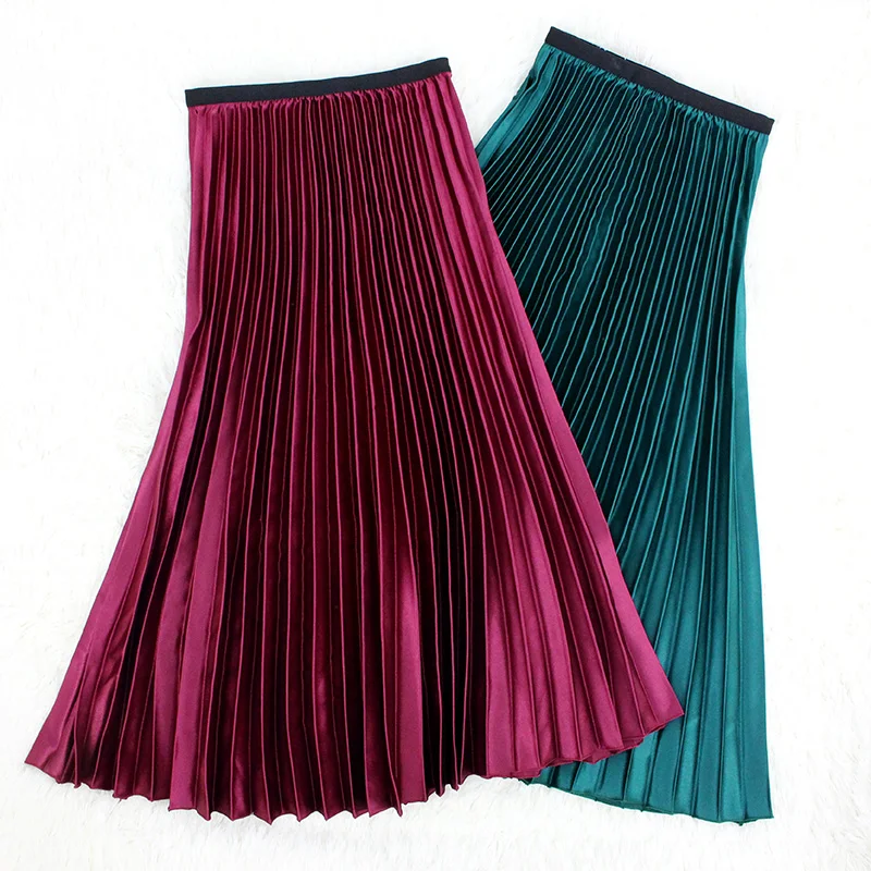 Летняя женская юбка плиссированная металлическая однотонная длинная юбка миди с высокой талией А-силуэта Saia Faldas Mujer Moda