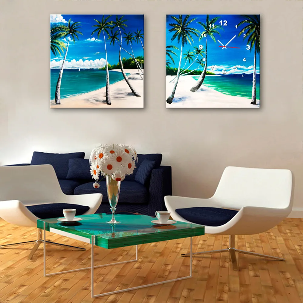 Free Shipping Art Print Coconut Beach Clock in Canvas 2pcs
