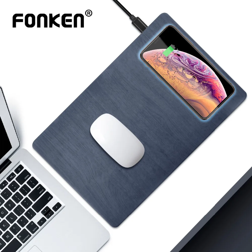 

FONKEN Wireless Charger Mouse Pad Qi 5W 10W USB Wireless Charge for Phone Charging Pad Desk PU Wood Grain Quick Charge Pad