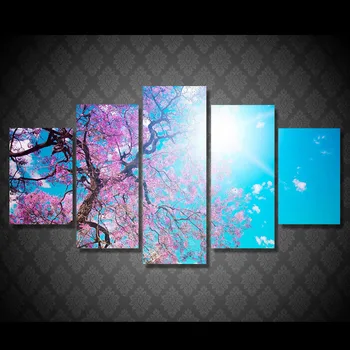 

Unframed Modular Wall Paintings 5P Leto Sakura Solnce Luchi Oil Cuadros Decor Modern Painting on Canvas Pictures For Living Room