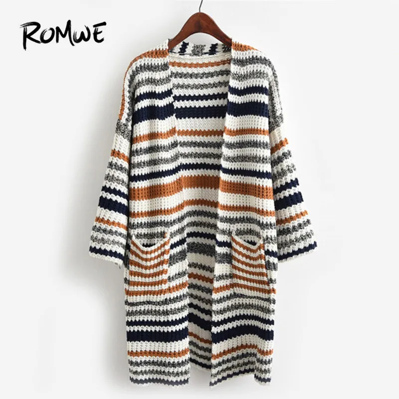 

ROMWE Striped Textured Knit Longline Cardigan Sweater Ladies Striped V Neck Sweater 2019 Multicolor Casual Long Sleeve Sweater