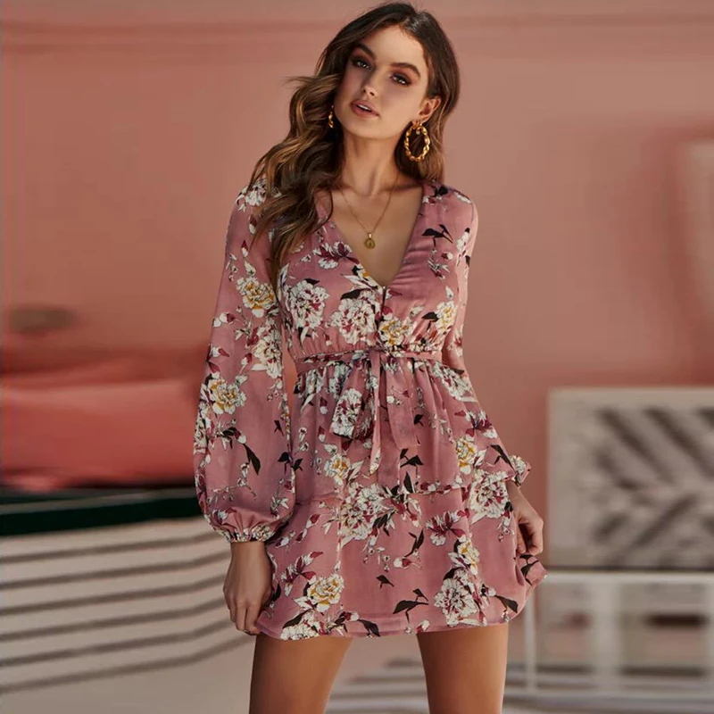 

Women Pink Vintage Cross V Neck Casual Dresses Female Floral Print Lace-up Bow Waist Mini Vestidos Autumn Fashion Lady Dress