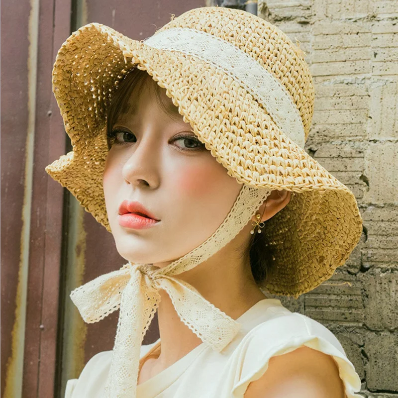 Summer Boater Hats For Women Straw Sun Hat Lady Girls Lace Ribbon Bow