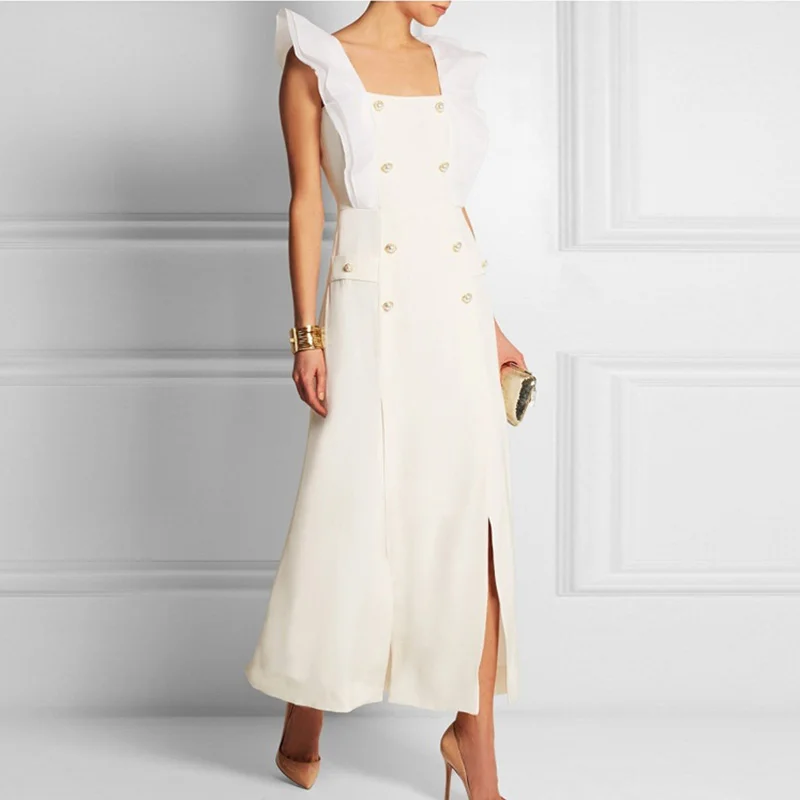 

Newest Arrival Runway Designer Stunning Solid Color Sleeveless Double Breasted Long Basic Dress Slit Dresses High Quality