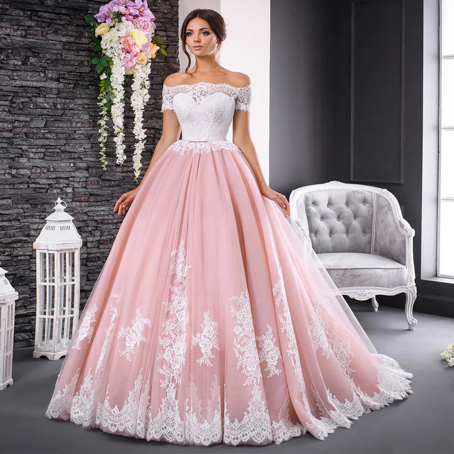 Prachtige Roze Jurk Chic Lace Applique Boothals Baljurk Bruid Jurk Off Shoulder Korte Mouwen Formele Bruidsjurken Prachtige Roze Jurk Chic Lace Applique Boothals Baljurk Bruid Jurk Off Shoulder Korte Mouwen Formele Bruidsjurken