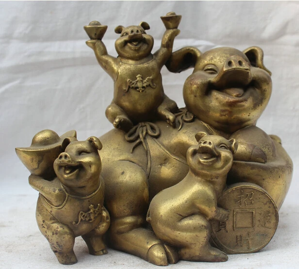 

006695 7" China Chinese Fengshui Brass Rich Wealth Money Zodiac Year Mother Pig Statue