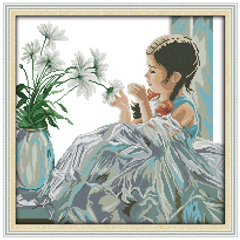 

The Girl with Flower Patterns Counted Cross Stitch DIY 11CT 14CT Cross Stitch Set Chinese Cross-stitch Kit Embroidery Needlework