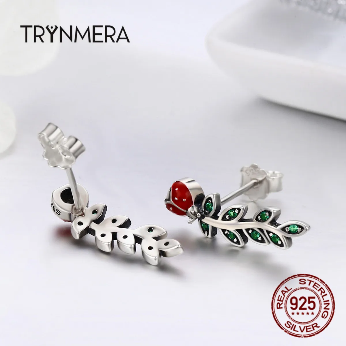 Trynmera,, 925 пробы, серебряные, насекомые, Красная божья коровка, в форме листьев дерева, серьги, ювелирное изделие для женщин, прекрасные серьги, ювелирное изделие te056