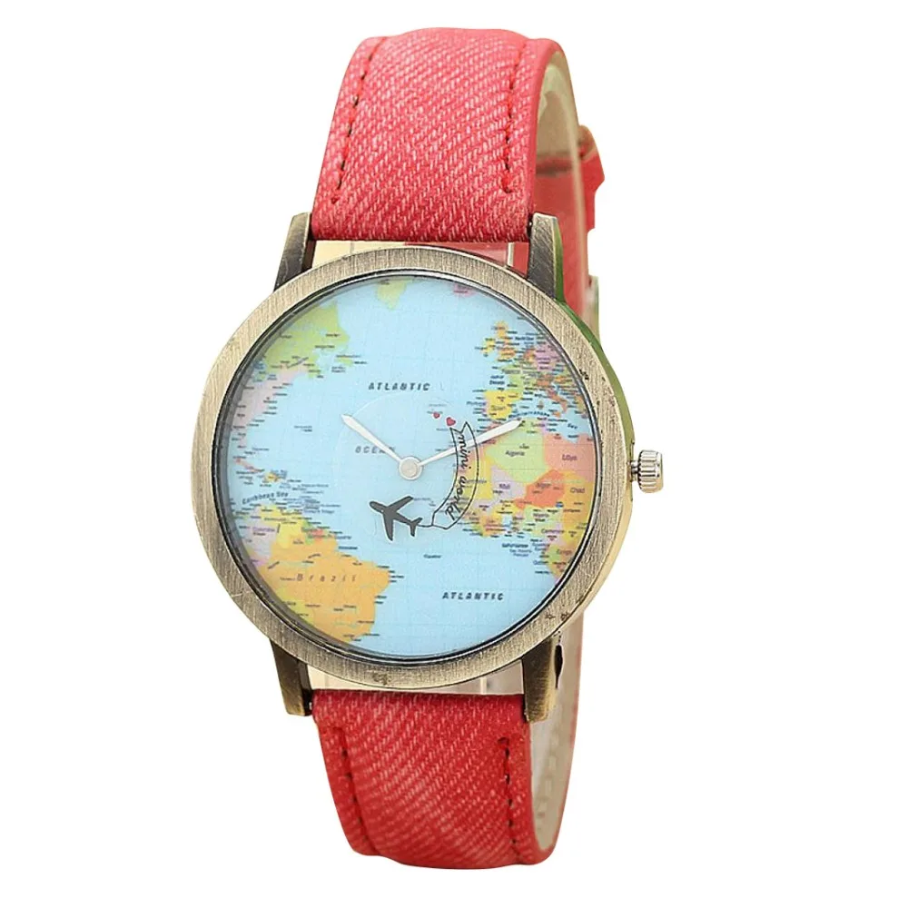 

Women Watches Luxury New Global Travel By Plane Map Women Dress Watch Denim Fabric Band Quartz Wrist Watch for Gift Ladies #c