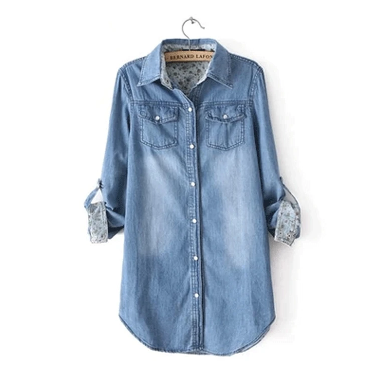 

Woman Spring Plus Size Full Solid Turn-down Collar Denim Shirts Female Summer Oversized Cardigan 100% Cotton Blouse Lady Tops