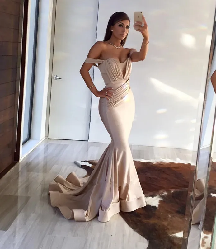 

Elegant champagne mermaid prom dress sexy open back v neck pleat satin evening dresses long 2016 high quality robe soiree longue
