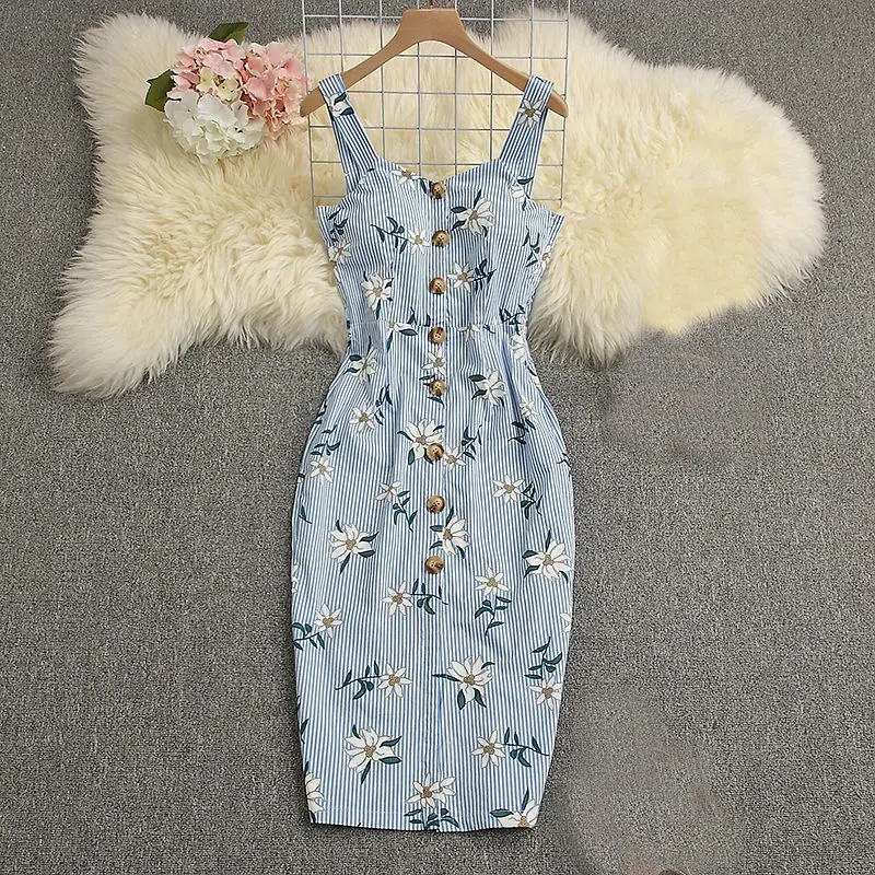 

Summer Striped Printed Slim Sling Dress Women Single Breasted Middle Slit High Waist Dresses