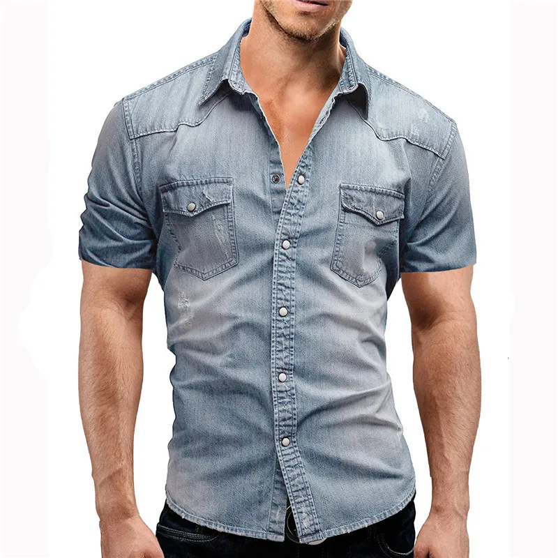 HuLooXuJi Мужская джинсовая рубашка летний пляжный стиль короткий рукав рубашка с линялым эффектом Хлопок Дышащие рабочие джинсы рубашки Размер США: M-3XL - Цвет: ligth blue