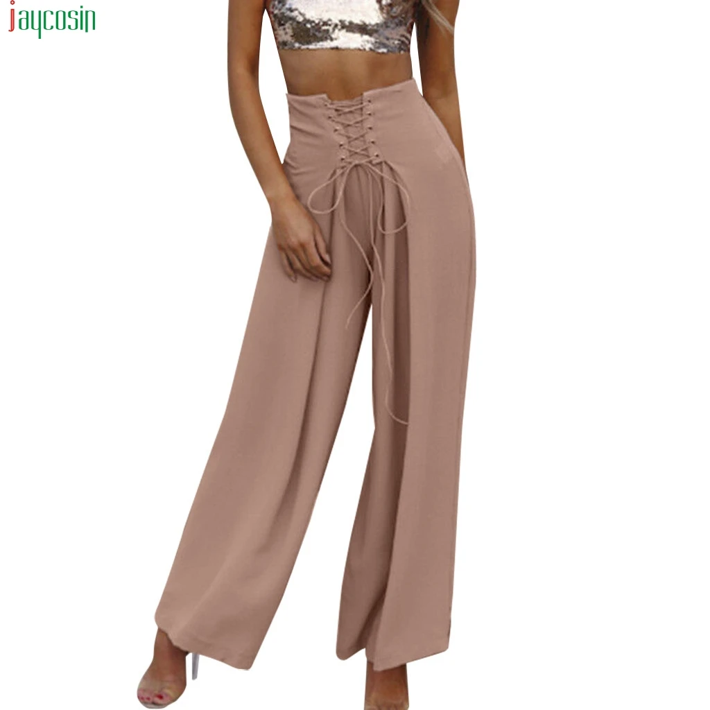 Womens Elegant Pure Color Bowknot Palazzo Wide Leg High Waist Lace Up Loose Culottes Pants