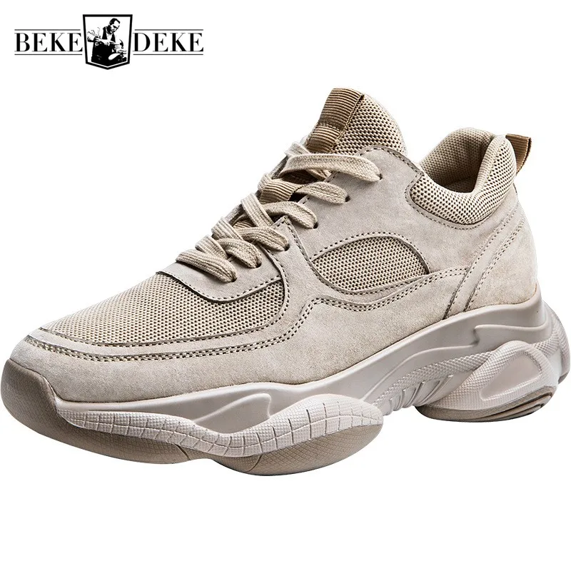 

Fashion Men Thick Platform Leather Sneakers Breathable Mesh Patchwork Casual Trainers Height Increasing Lace Up Jogging Shoes