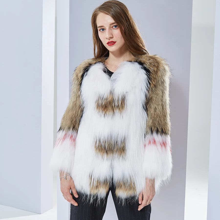 Real de de abrigo de punto de moda de punto natural mapache perro con pelo mujeres abrigo abrigos de piel de zorro chaqueta|Piel auténtica| - AliExpress