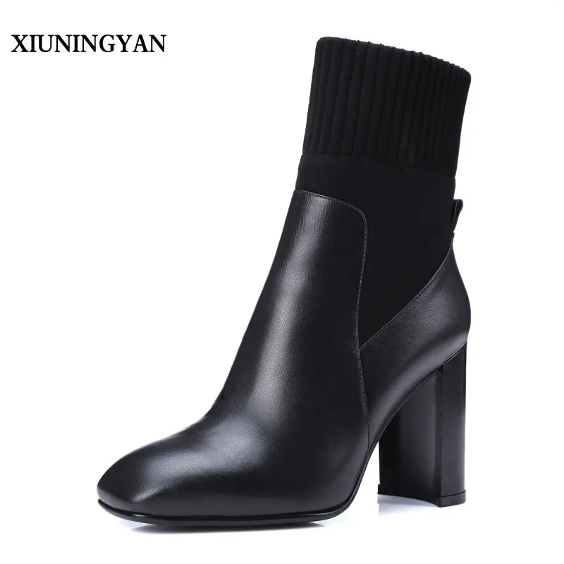 

XIUNINGYAN HOT Women Boots Cow Leather 2018 High-end Fashion Cowhide Ventilation Zippers Square Head Women Thick Heel 8cm Boots
